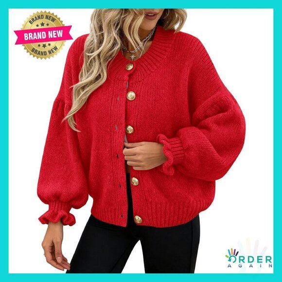 Sweaters - Cropped Cardigan Chunky Knit Ruffle Sleeve Oversized Button Front Fall Sweater
